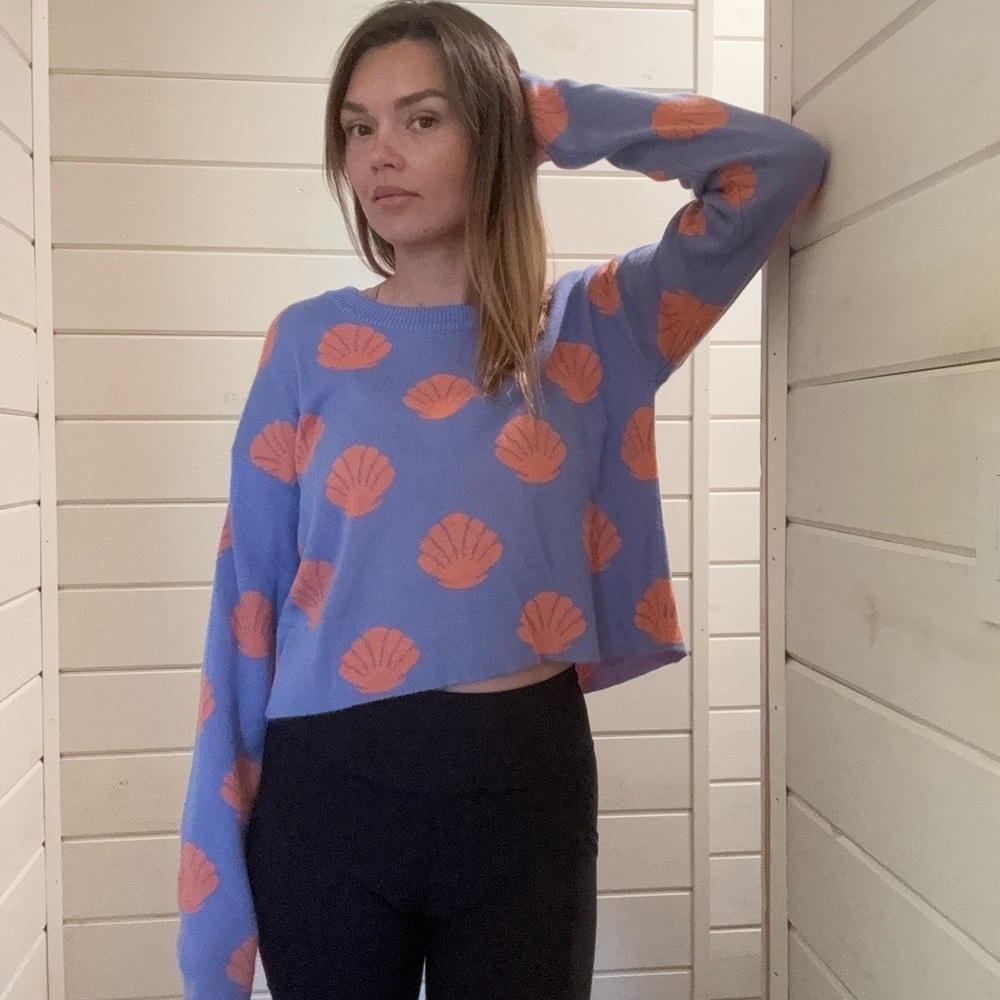Beach Riot Seashell Sweater Blue Orange Knit Cropped Size M